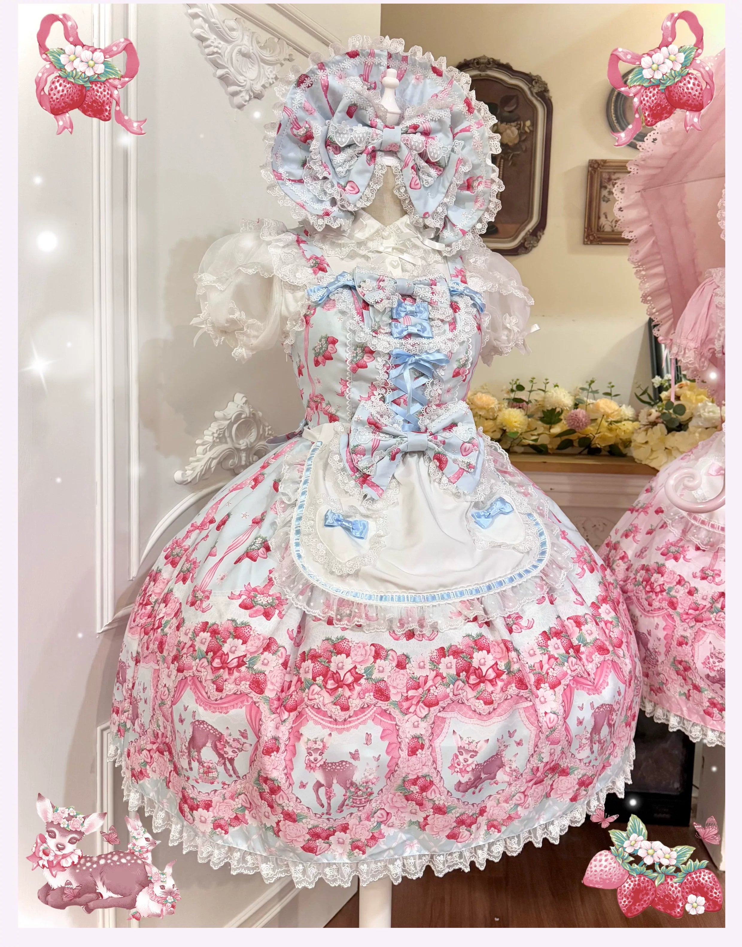 Deer Strawberry Garden - Old School Lolita Deer & Strawberry Printed JSK Dress 45681:860529