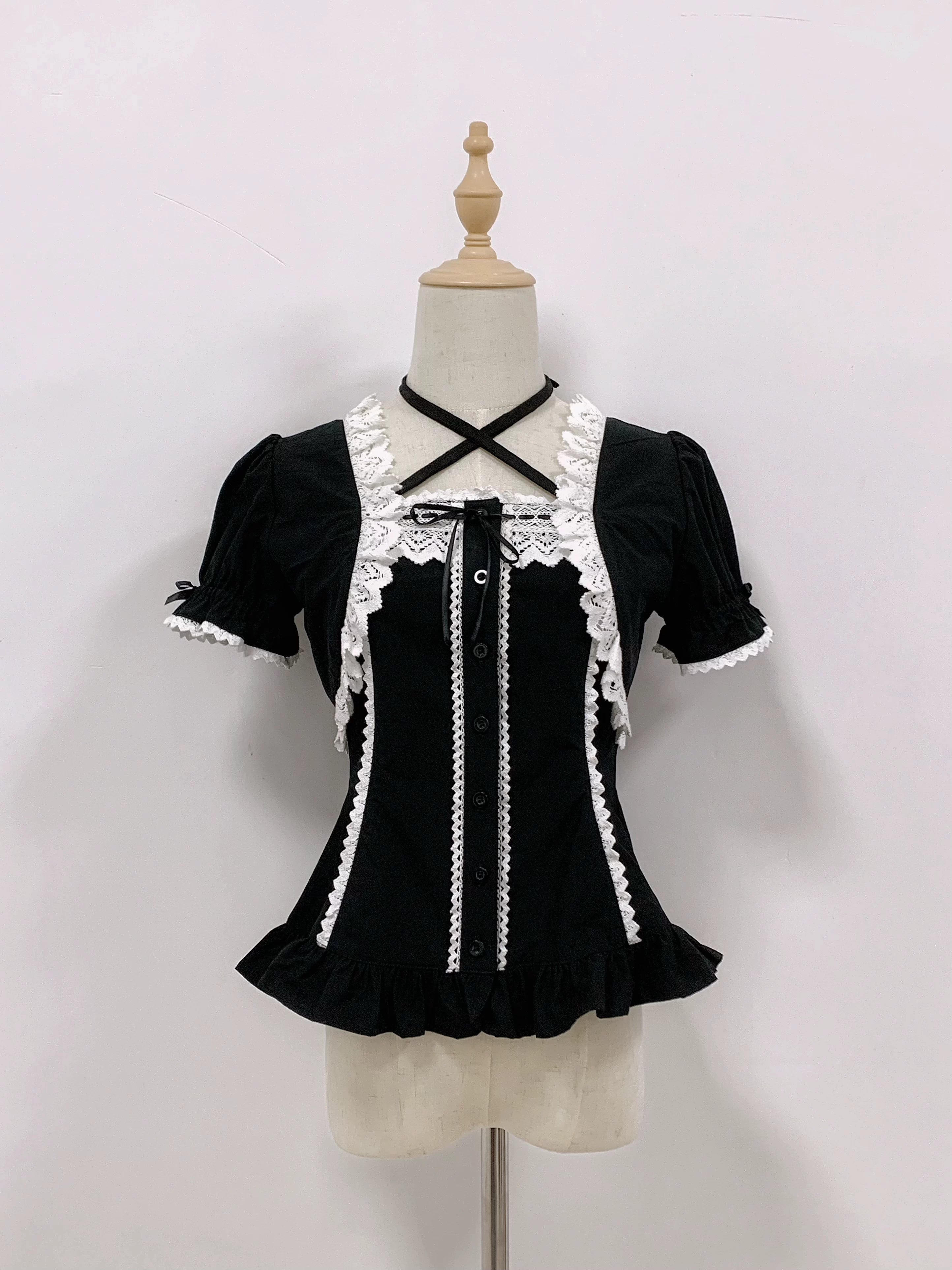 Haruhime Momoko - Cotton Old School Lolita Blouse, Cross Halter Neck