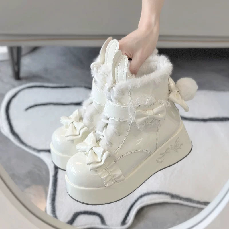 Bunny Tail - Fuzzy Kawaii Lolita Snow Boots, Detachable Plush Bow 44447:808608