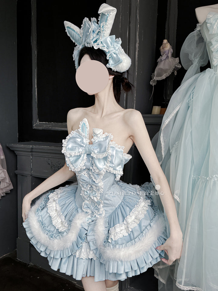 POSHEPOSE~Chuling Swan Lake~Sweet Lolita JSK Set Velvet Blue Dress for Prom
