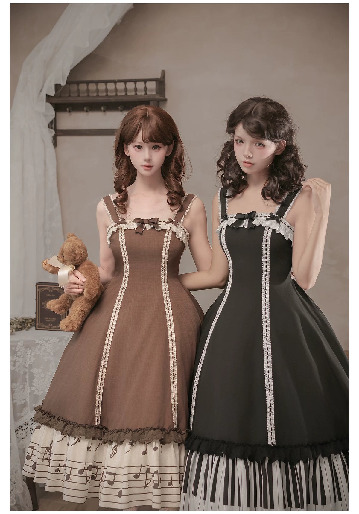 Solo Moment - Classic Lolita JSK & Blouse Dress Set, Piano Keys Print 45940:869033