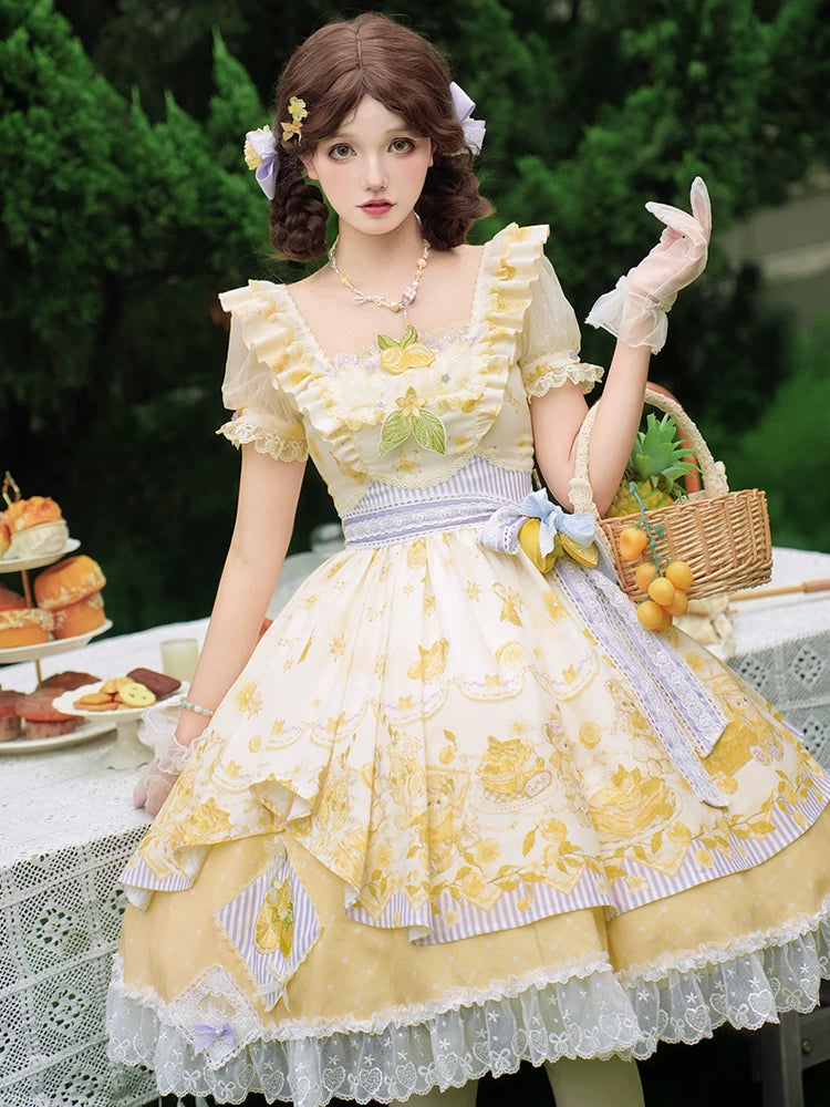 Lemon Drop - Classic Lolita Lemon & Bear Printed OP Dress 45501:851122