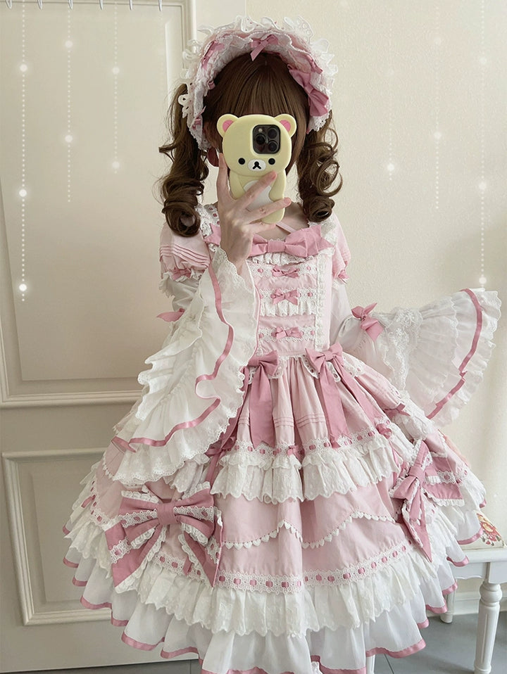 Heartbeat doll~Lily's Tea Party~Pink Old School Lolita OP Dress Long Sleeve