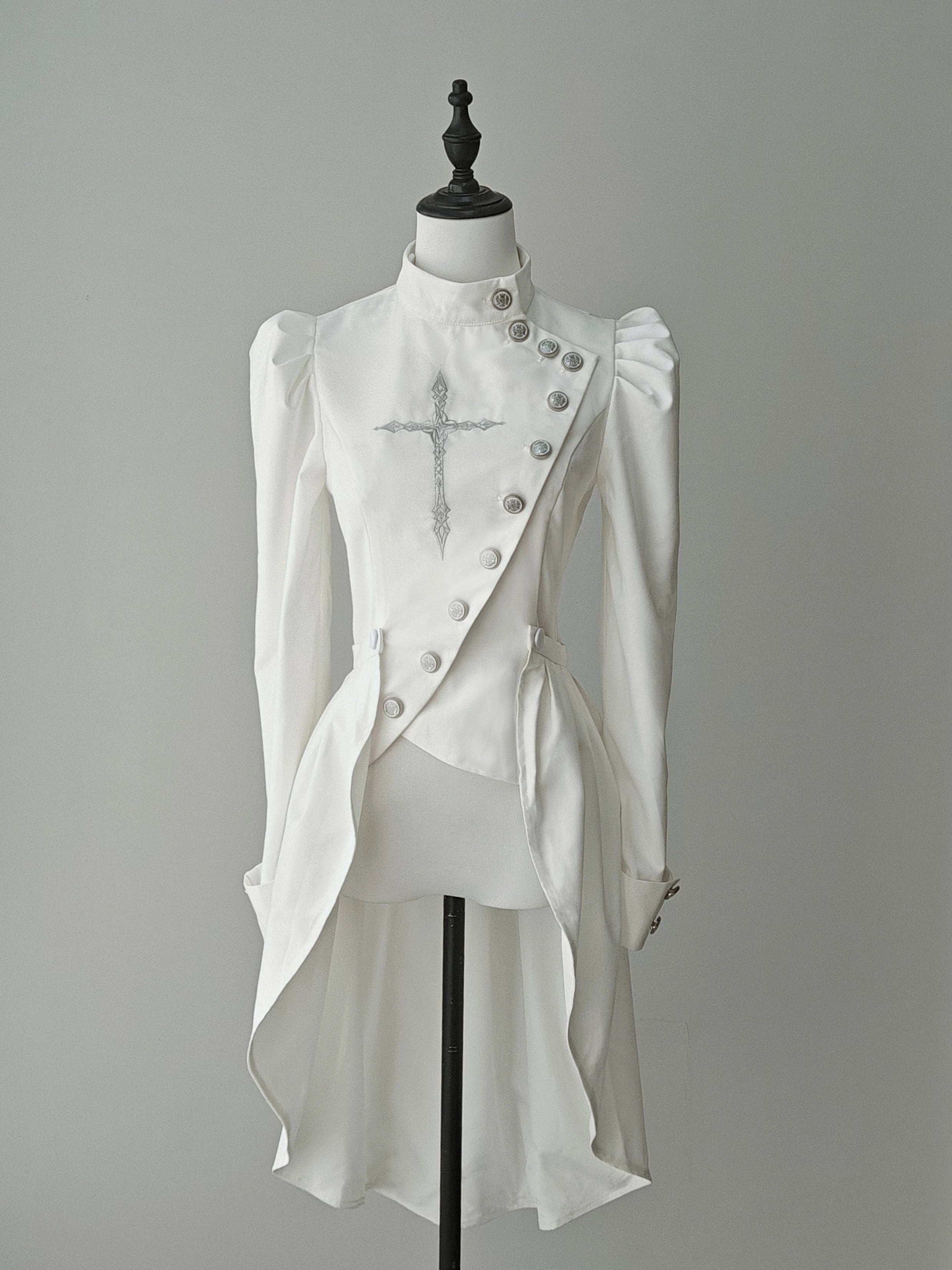 White Night Sonata - Ouji Lolita Embroidery Coat, Detachable Trailing White Embroidered Coat + White Trailing XS