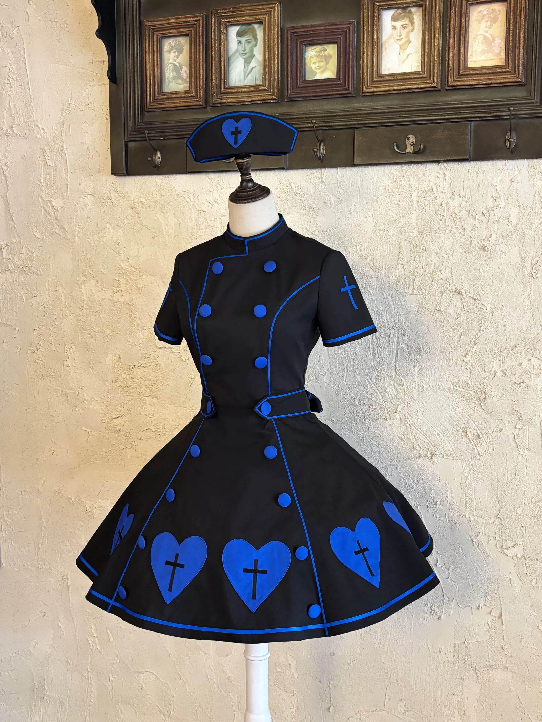 Sweet Heart Hospital - Old School Lolita Stand Collar OP Dress, Heart-cross Patches