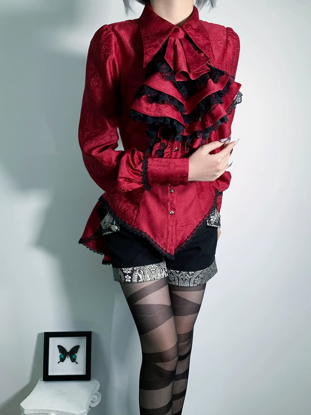 Little Dipper~Cold Rice~Ouji Lolita Jabot Tiered Jabot with Lace Red Jabot with Black Lace F