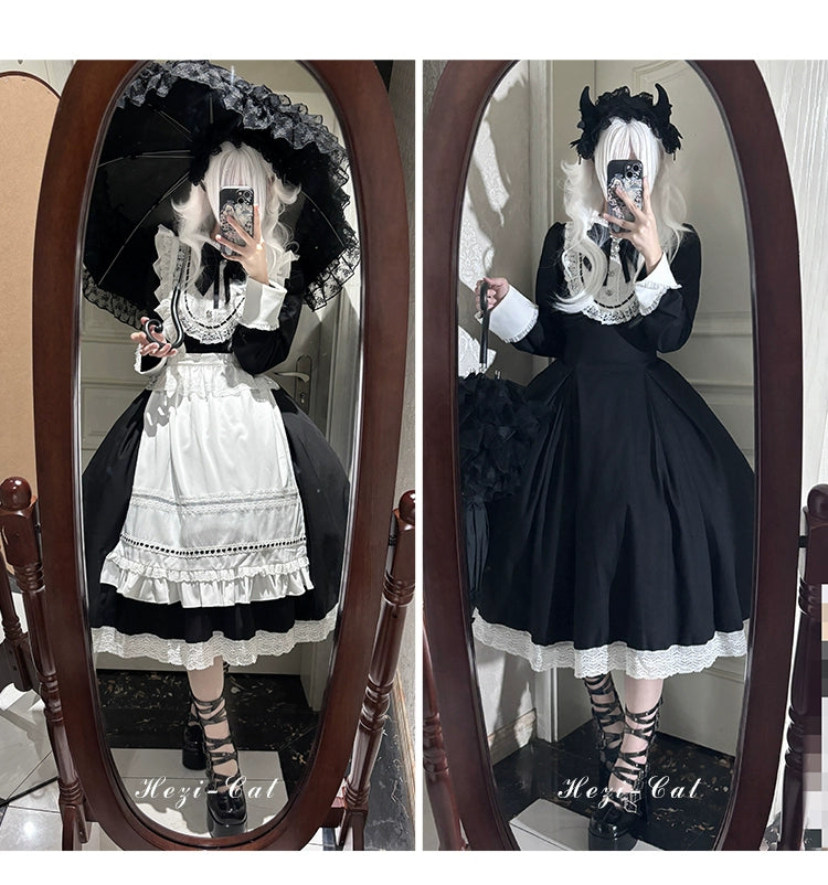 Hezi's Cat Haven~Black Cat Butler~Maid Lolita OP Dress Elegant Black and White Dress 40552:664702