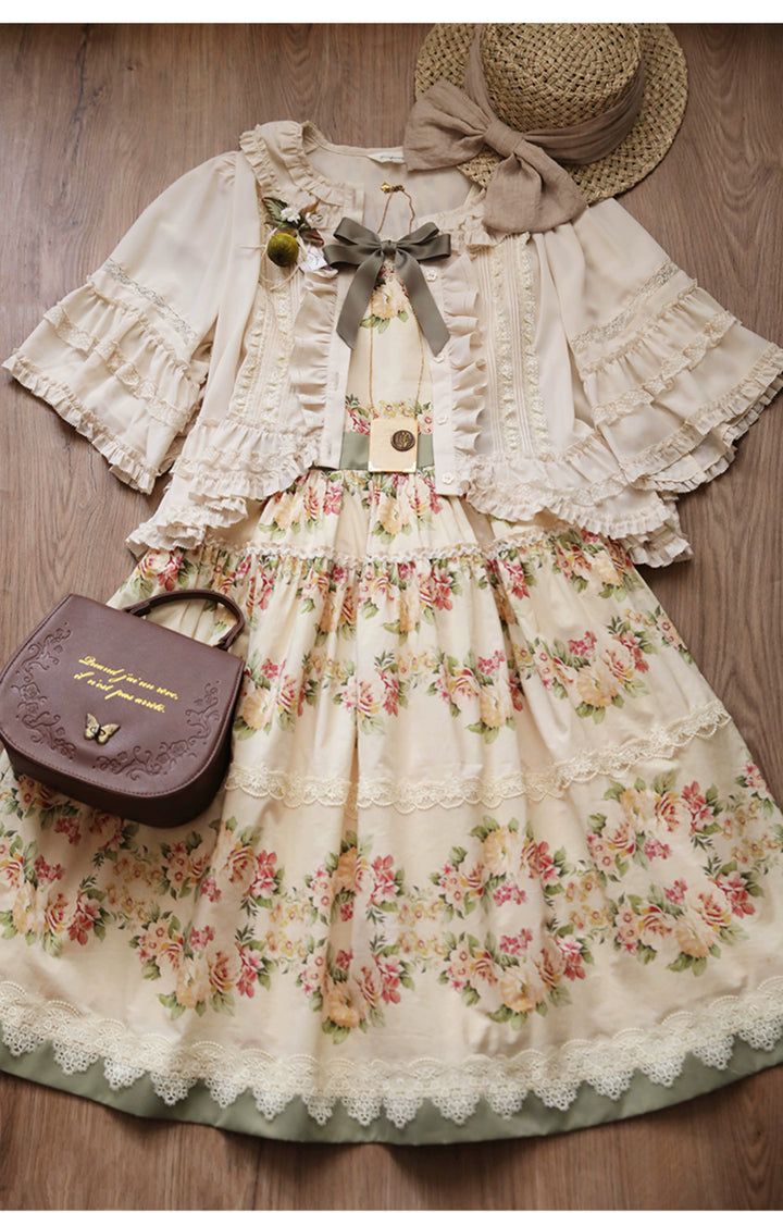 Surface Spell - Blooming Roses Over a Porch - Cotton Elegant Lolita JSK Dress, Floral Print