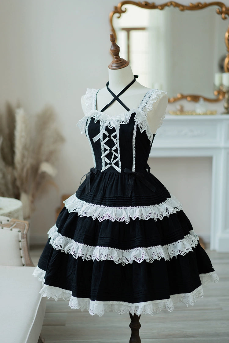 (BFM)LittleFairyTale~Cotton Lolita Dress Summer Jumper Skirt Black X White S 