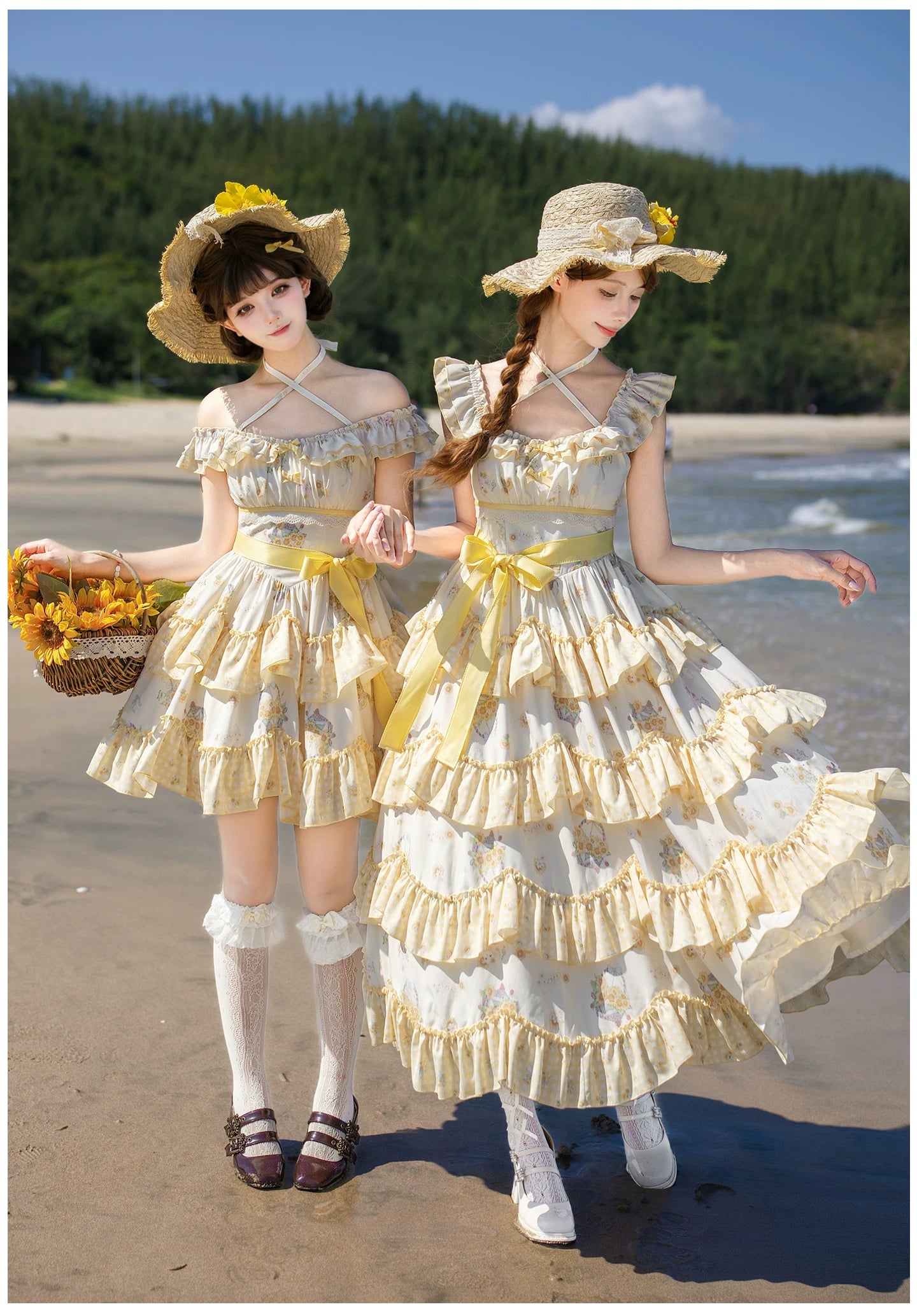 Small Sunflower - Classic Lolita Sunflower Printed JSK Dress, Tiered Hem 45740:860894