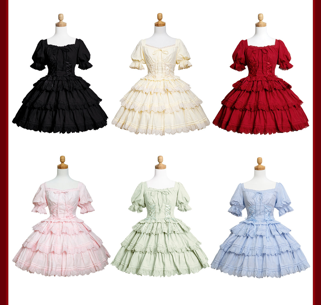 MEEKWIND~Miss Flora~Cotton Sweet Lolita Dress Set Doll-like OP and JSK Black S OP - Separate Version (top+skirt+a large back bow)