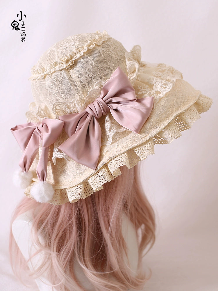 Xiaogui~Retro Lolita Hat Lace Handmade Doll Hat with Multicolor Bows   
