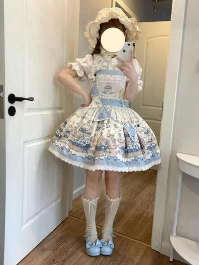 Akiyama Future Studio~Blueberry Tart Party~Sweet Blue Lolita Salopette Dress Blueberry Tart Print JSK Dress   