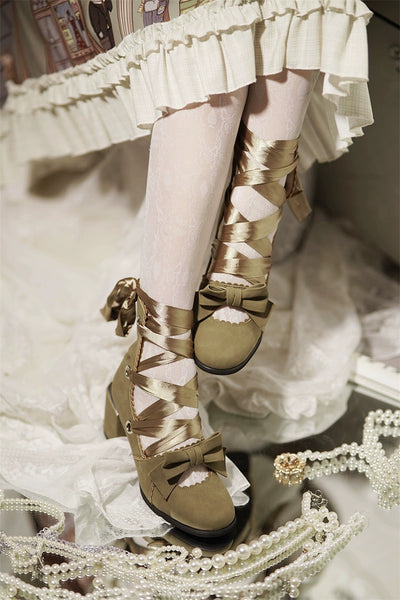(BFM)MR Qiuti~Muse Kiss~Elegant Lolita Shoes Lace-up Bow Heels Round Toe 35 Army Green-3.5cm Mid Heel 