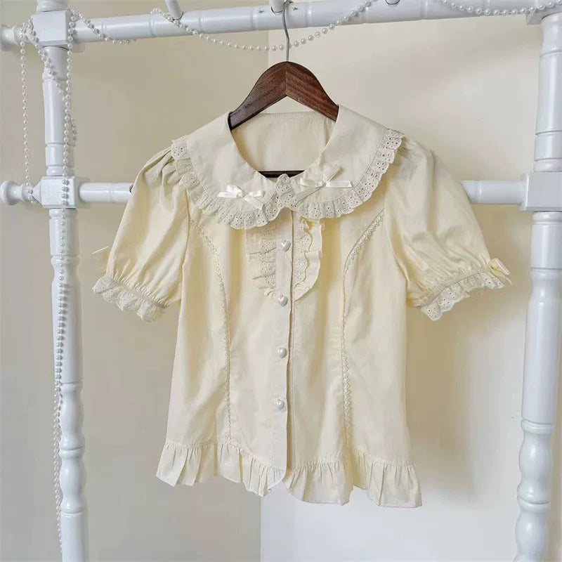 Cotton Sweet Lolita Peter Pan Collar Blouse, Heart Buttons (L M S) 45814:863075