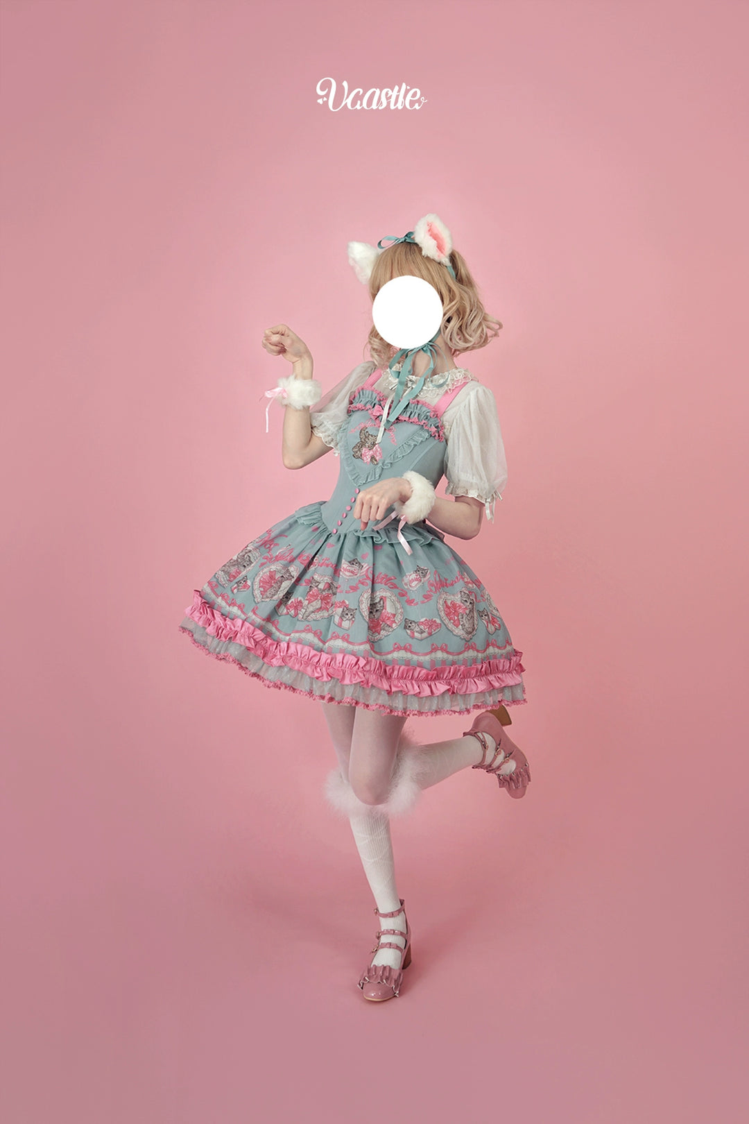 Vcastle~Love God Kitty~Sweet Lolita Dress Short Sleeve OP JSK Bonnet   