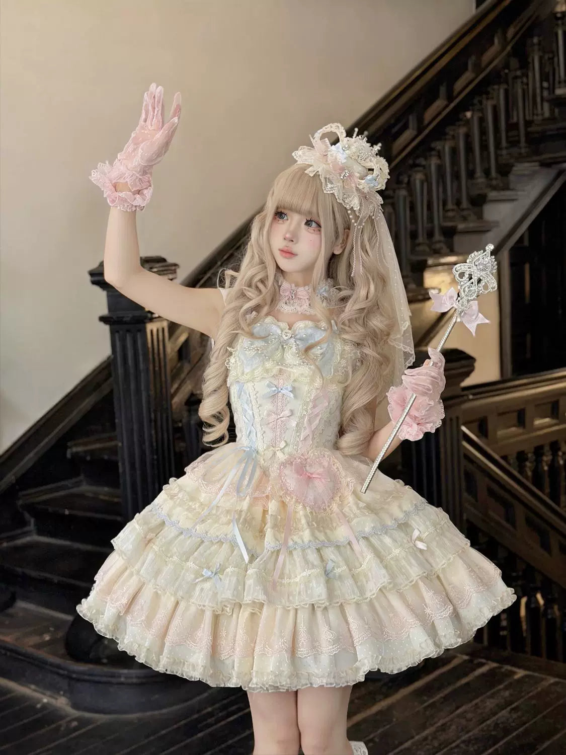Cloud Whale Dream - Sweet Lolita Corset JSK Dress, Tiered Hem & Bows