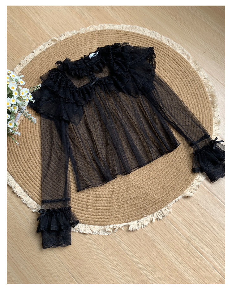 With PUJI - Letters and Poems - Summer Classic Lolita Shirt with Dotted Tulle and Long Sleeve Black S