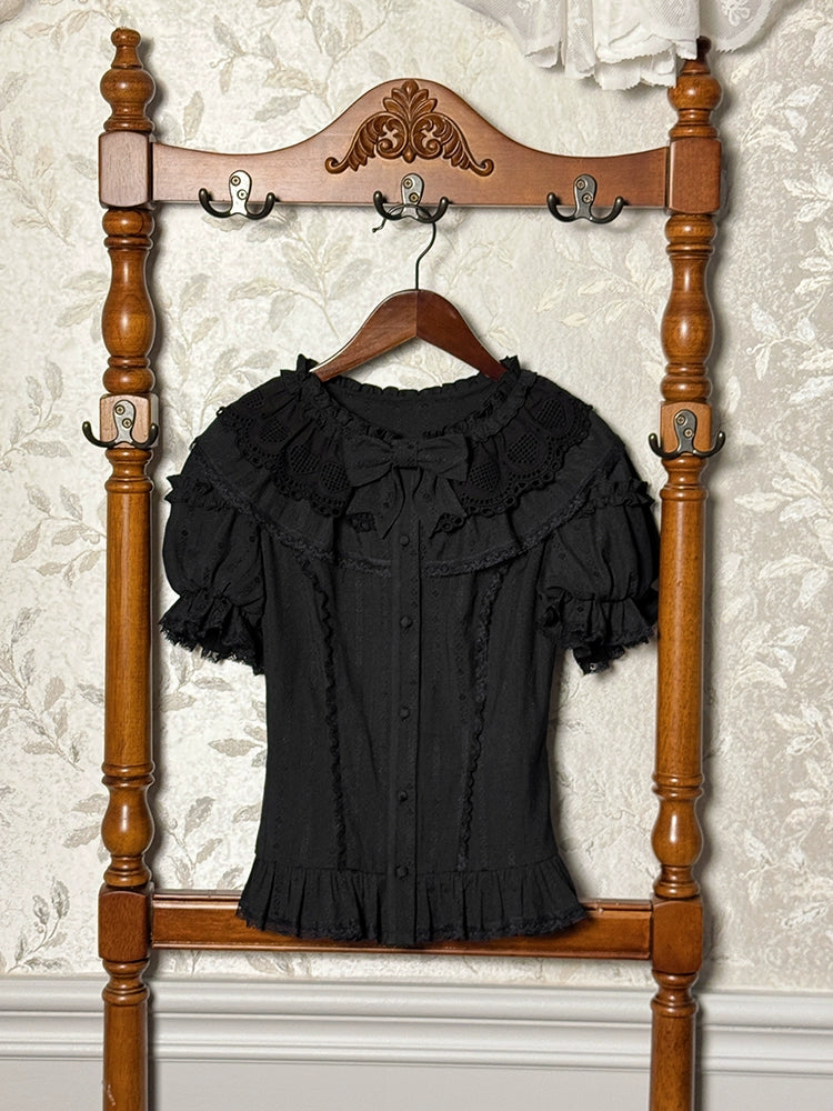 Alice Girl - Sea Salt Fairytale - Sweet Lolita Blouse Short Puff Sleeves Lolita Shirt Black blouse only XS