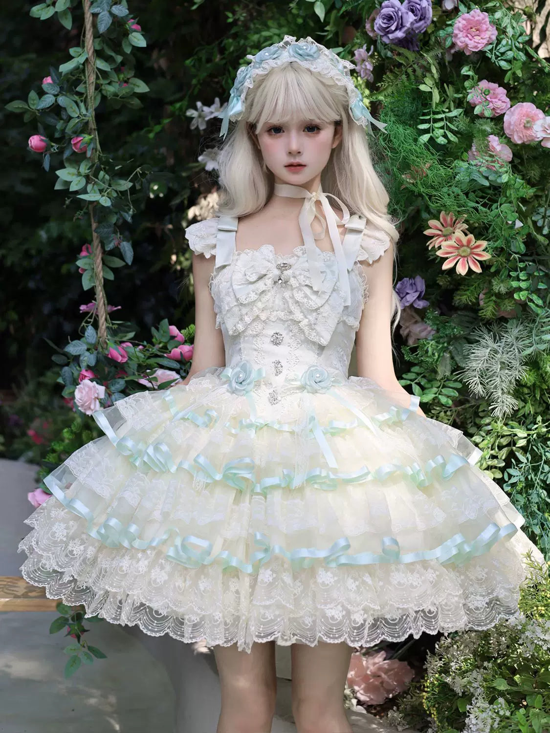 Rose Whirl - Sweet Lolita JSK Dress, Floral & Rhinestone Decoration JSK + Hairband S