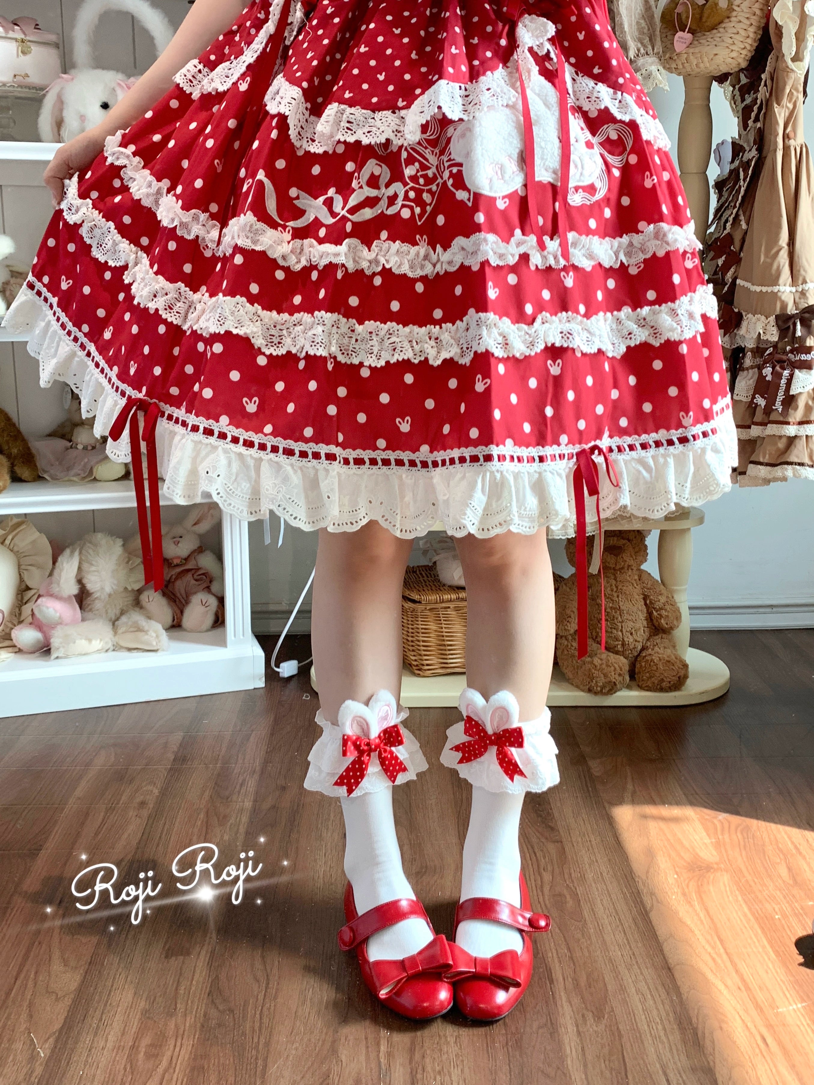 Roji Roji - Sweet Lolita Cotton Socks, Bunny Ear & Ribbon Bow 44135:796833