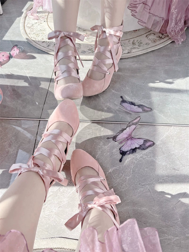 MR.Qiutian - Forbidden Dance - Elegant Lolita Velvet Shoes, Adjustable Lace-Up Straps (Pink / 35 36 37 38 39 40) 43837:786418