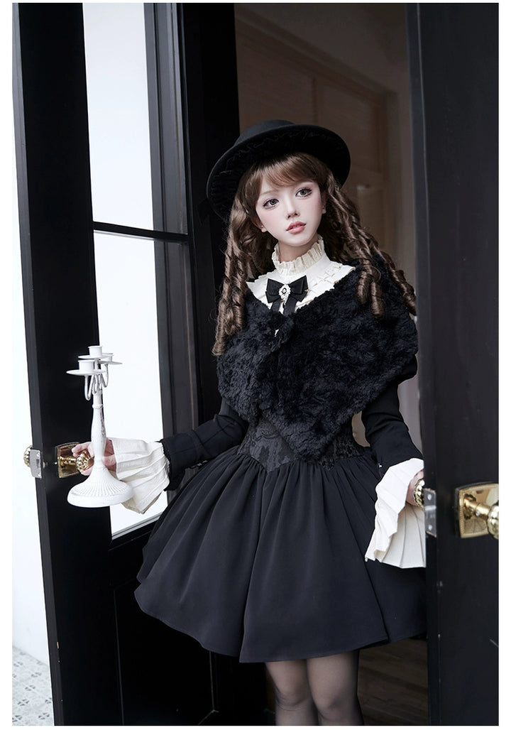 With PUJI~Old Testament~Classic Lolita Coat Black Plush Lolita Cape and Brooch