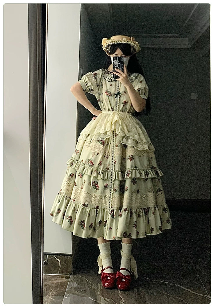 With PUJI~Wind Tour~Country Lolita OP Dress Cherry Floral Prints Lolita Dress   