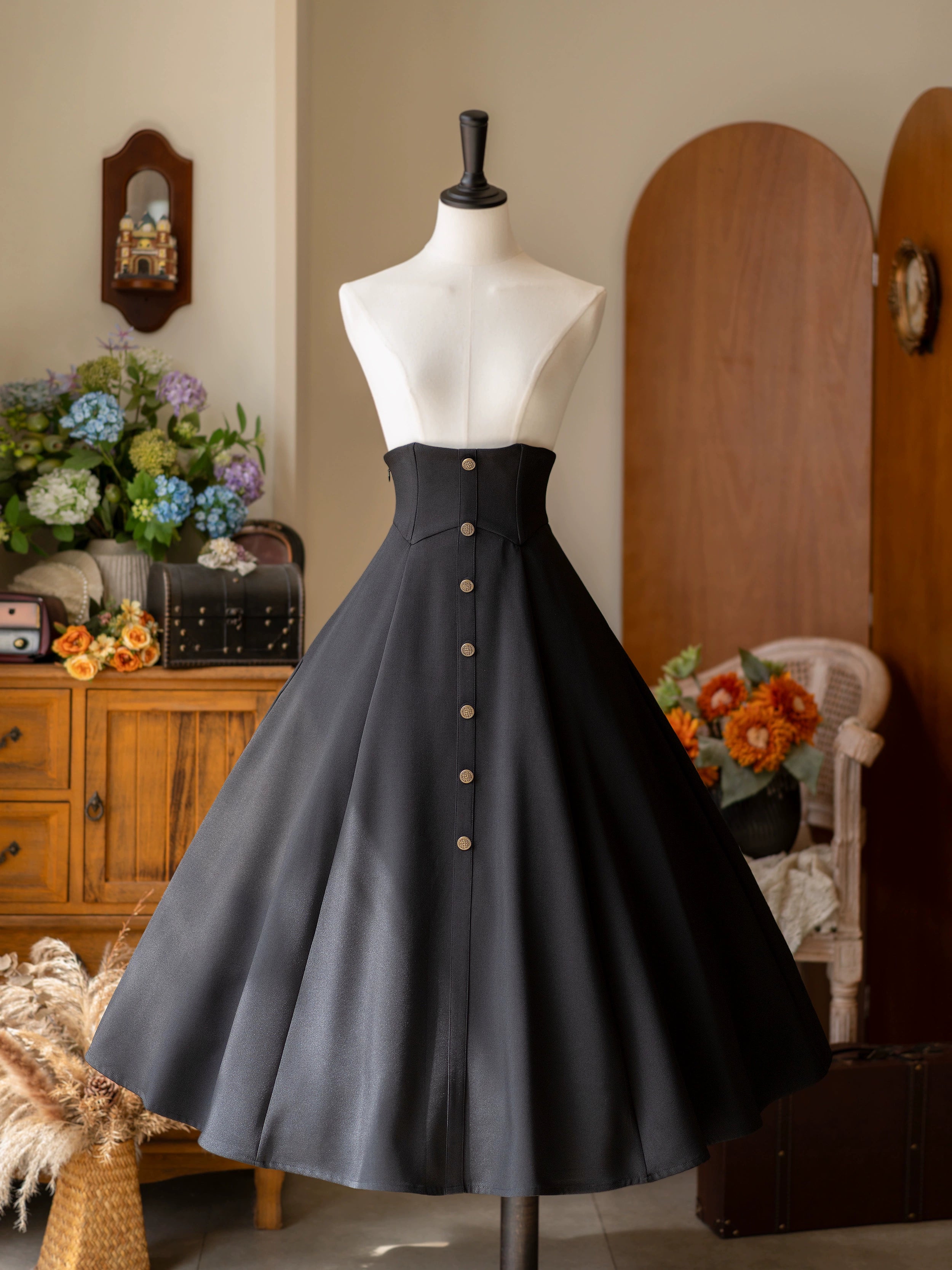 Forest Wardrobe - Forest Revelation - Classic Lolita Fishbone Long Skirt, Side Pockets (Black / 2XL L M S XL) 43922:790216