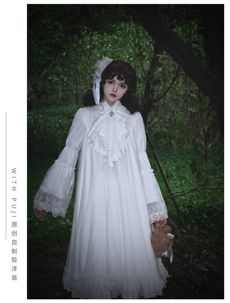 With PUJI~Anhunmeng~Gothic White Lolita OP With Boned Corset Waistband