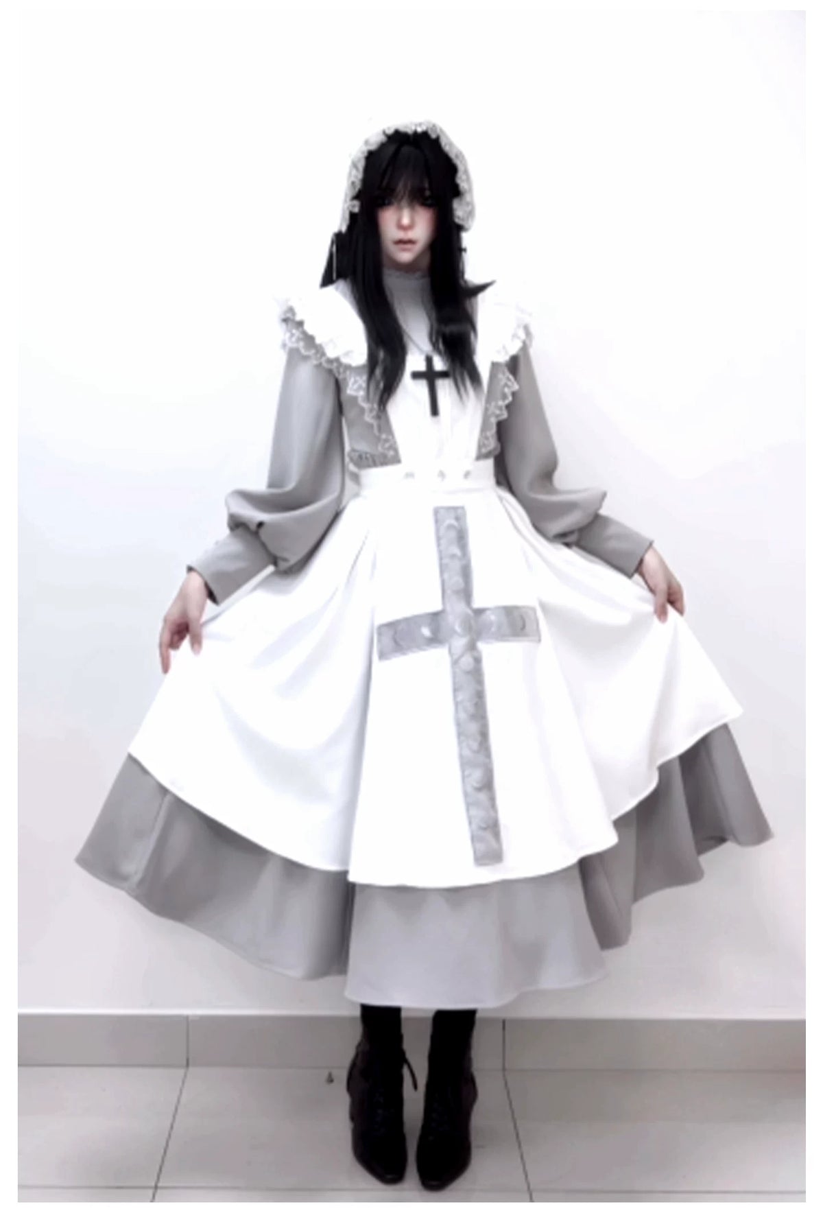 Moon Phase - Gothic Lolita OP Dress Set, Detachable Cross-Shaped Apron 46035:873405