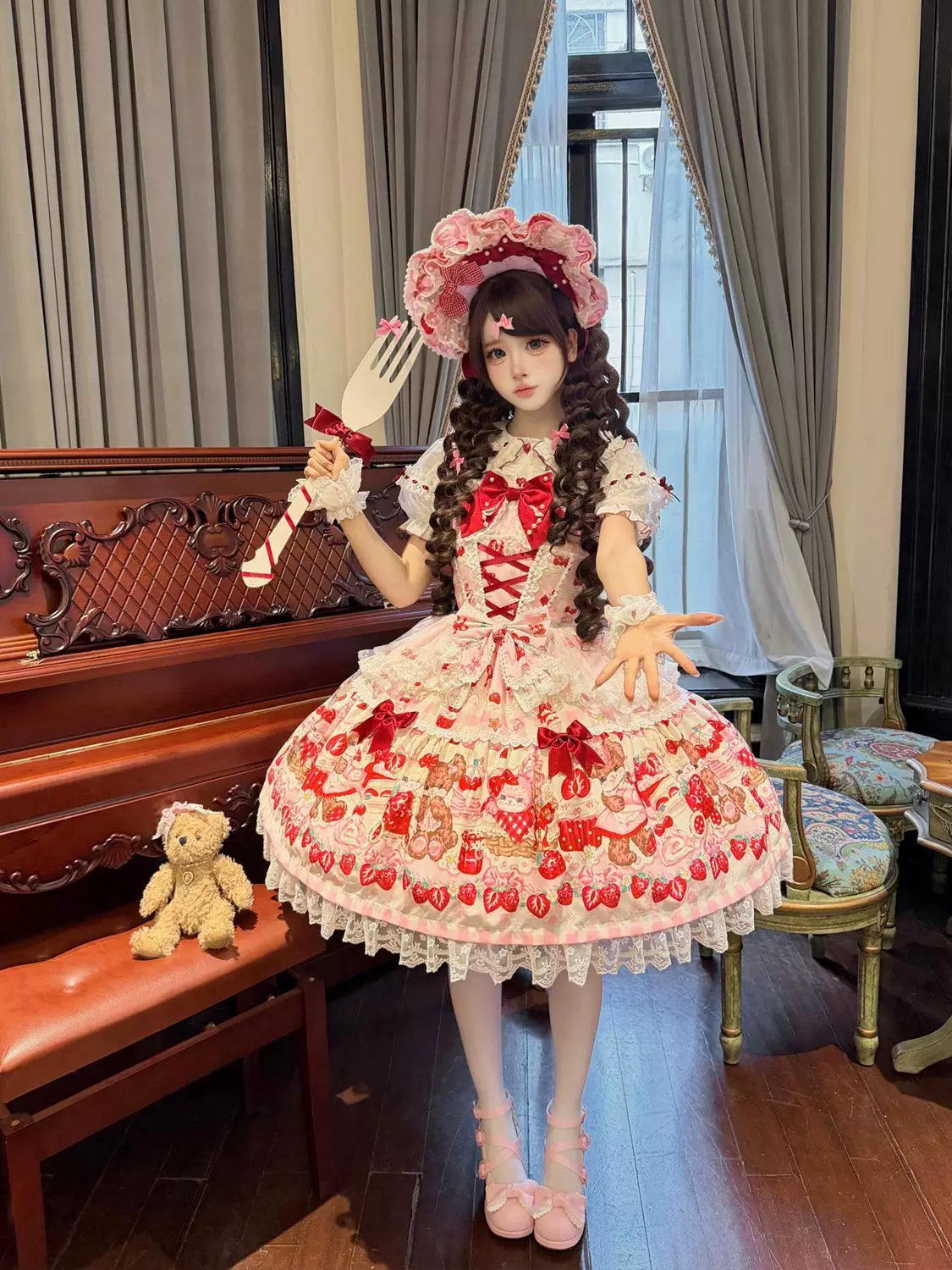 SweetBerry Bunny Bear - Sweet Lolita Tiered Lace JSK Dress, Strawberry and Bear Print