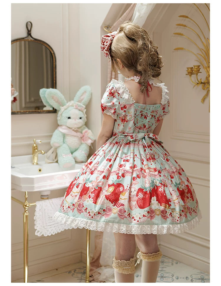 Strawberry Momo Party - Sweet Lolita OP and JSK, Strawberry Print and Cake Embroidery 45548:853187