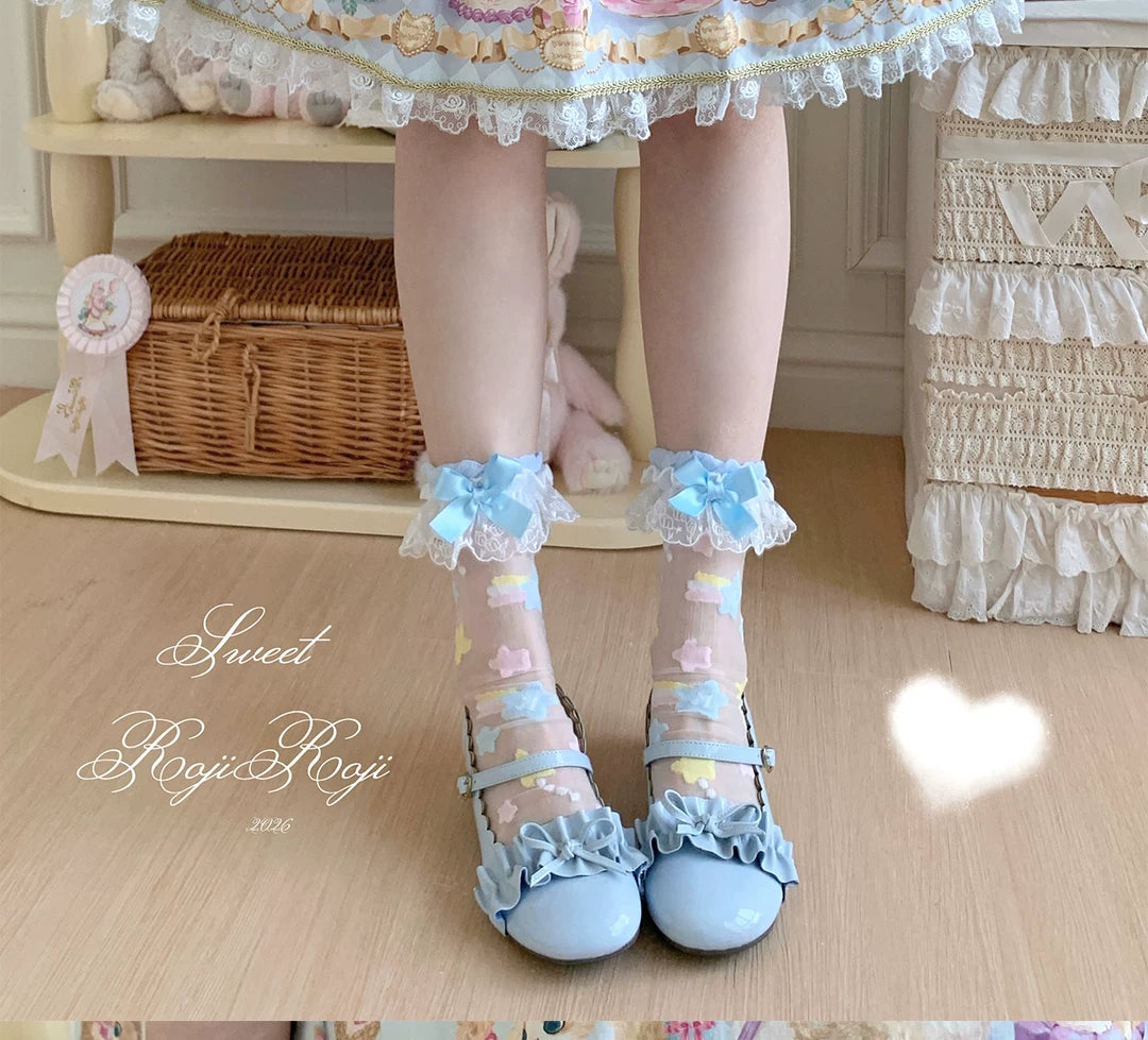 Sweet Lolita Star Embroidered Socks with Colorful Satin Bow 45610:855332