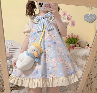 Sissy herding sheep~Navy Bear~Sweet Lolita OP Dress Blue Bear Print Dress and Hair Clips S (below 160cm height) blue OP dress 