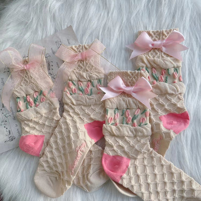 Chestnut Lolita~Vintage Lolita Handmade Socks tulip (pink yarn bow) + tulip (pink bow)  