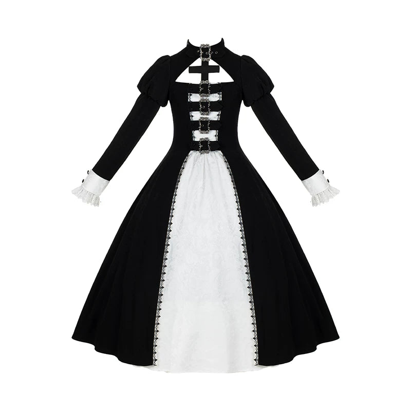Klein - Black and White Gothic Lolita OP Dress Set, Metal D-rings (L M S) 45996:871471