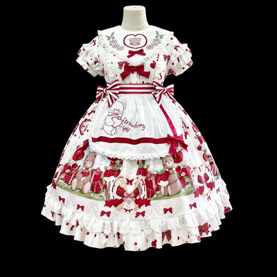 Sunny~Strawberry Gift Box~Kawaii Lolita JSK and OP Dress small apron +two bows S 