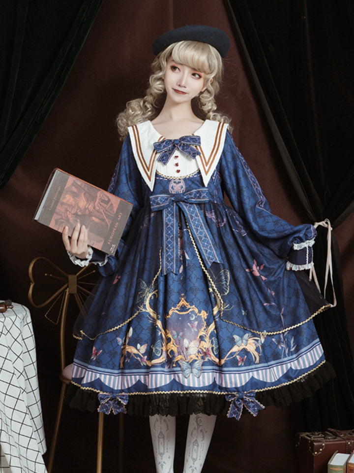 OCELOT~Classic Lolita OP Sailor Collar Elegant Lolita Dress Dark blue S 