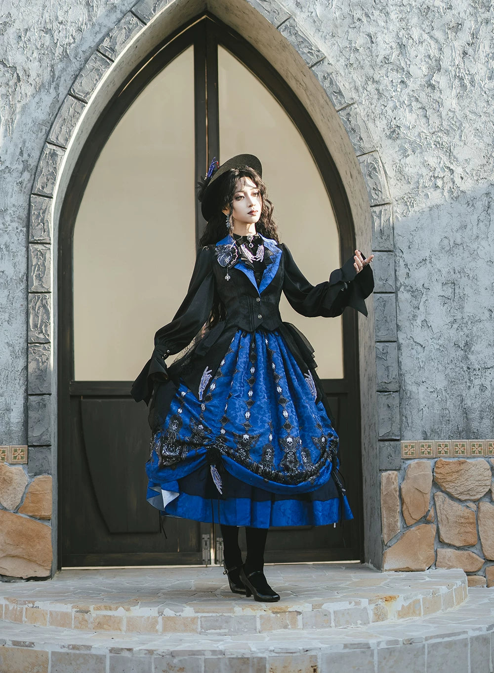 Moonnight Return - Fishbone Gothic Lolita SK Dress, Drawstring lift-up Hem