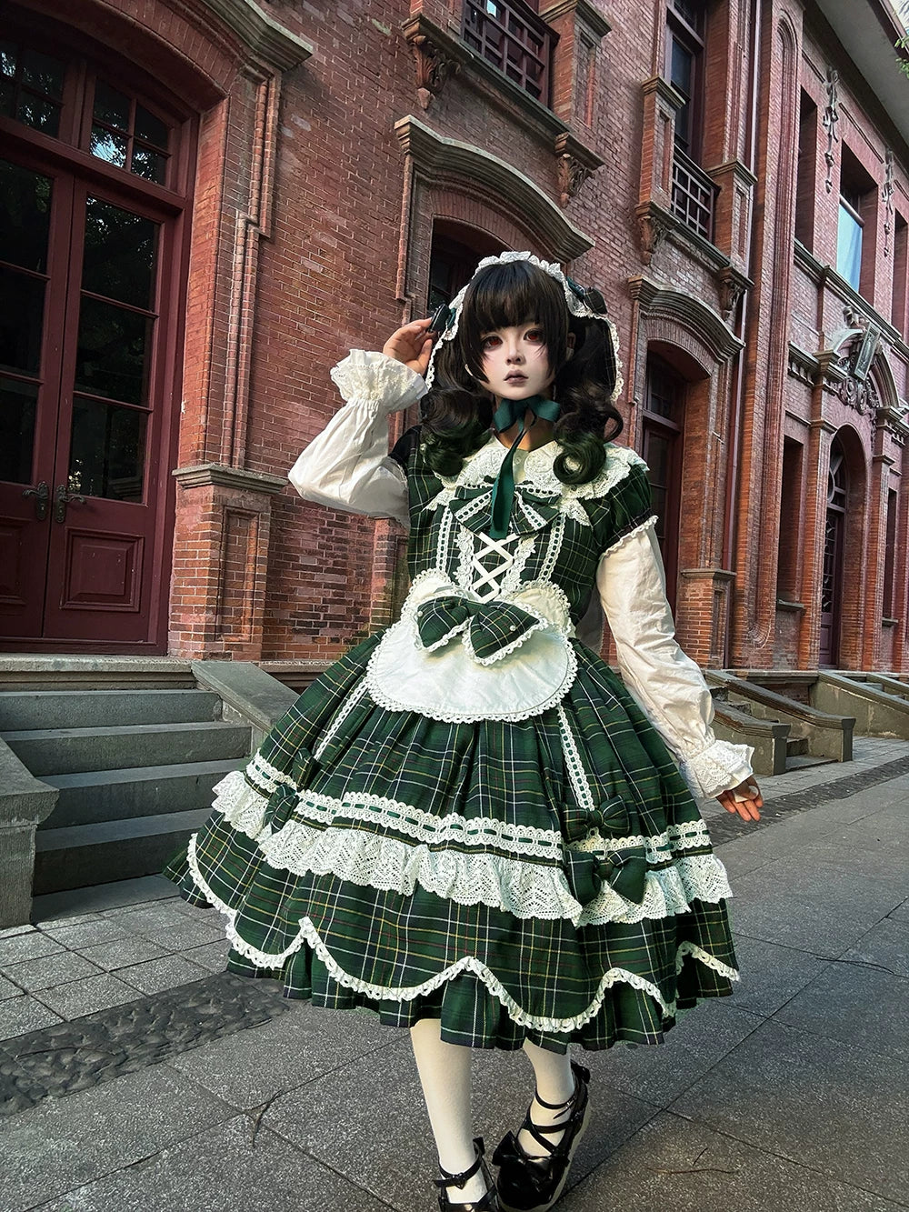 Plaid Petal Bunny - Old School Lolita Plaid OP Dress, Petal-shaped Hem 44673:818313