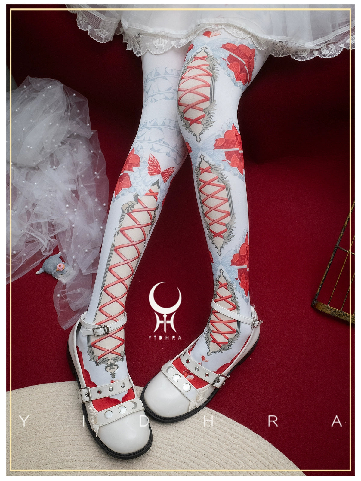 Yidhra - Gothic Lolita Pantyhose With Cute Prints Red F