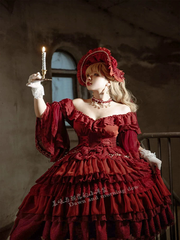 Dawn and Morning - Elegant Lolita OP Dress Sunrise Elf Long Dress S Wine red OP only