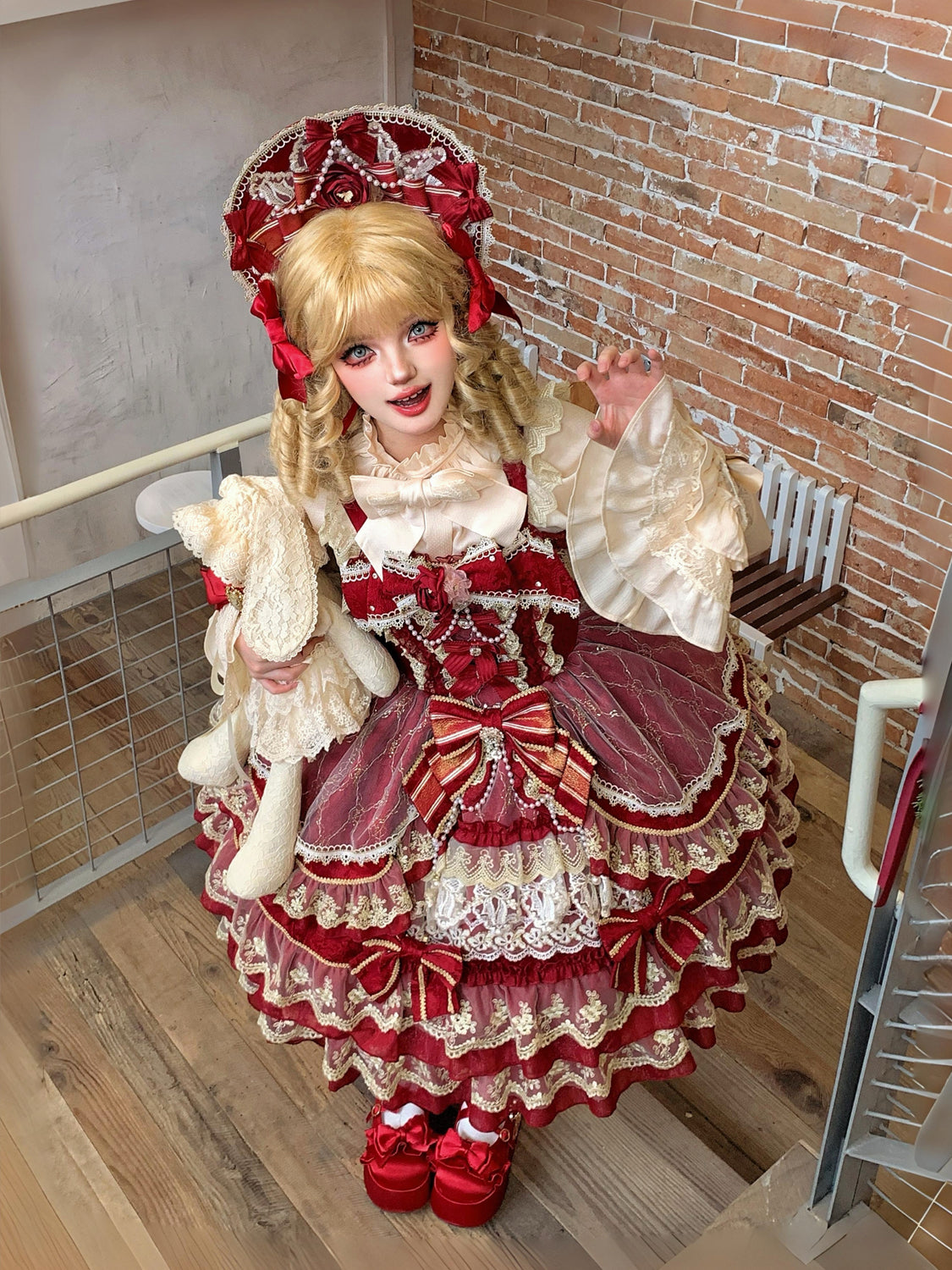 Hanguliang - Gem Crown - Sweet Lolita JSK Suit Tiered Ruffles Doll-Like Dress and BNT