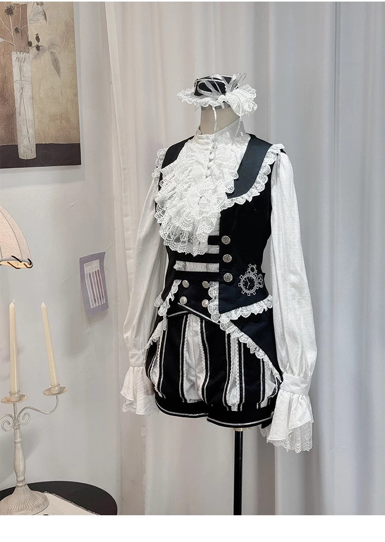 Crow Feather Ode - Ouji Lolita Cotton Linen Shirt and Clock Embroidery Vest Set 45665:857408