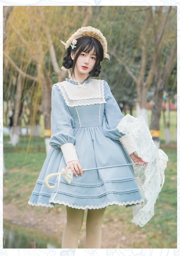 With PUJI~Graceful Butterfly~Classic Lolita Blue OP Dress   