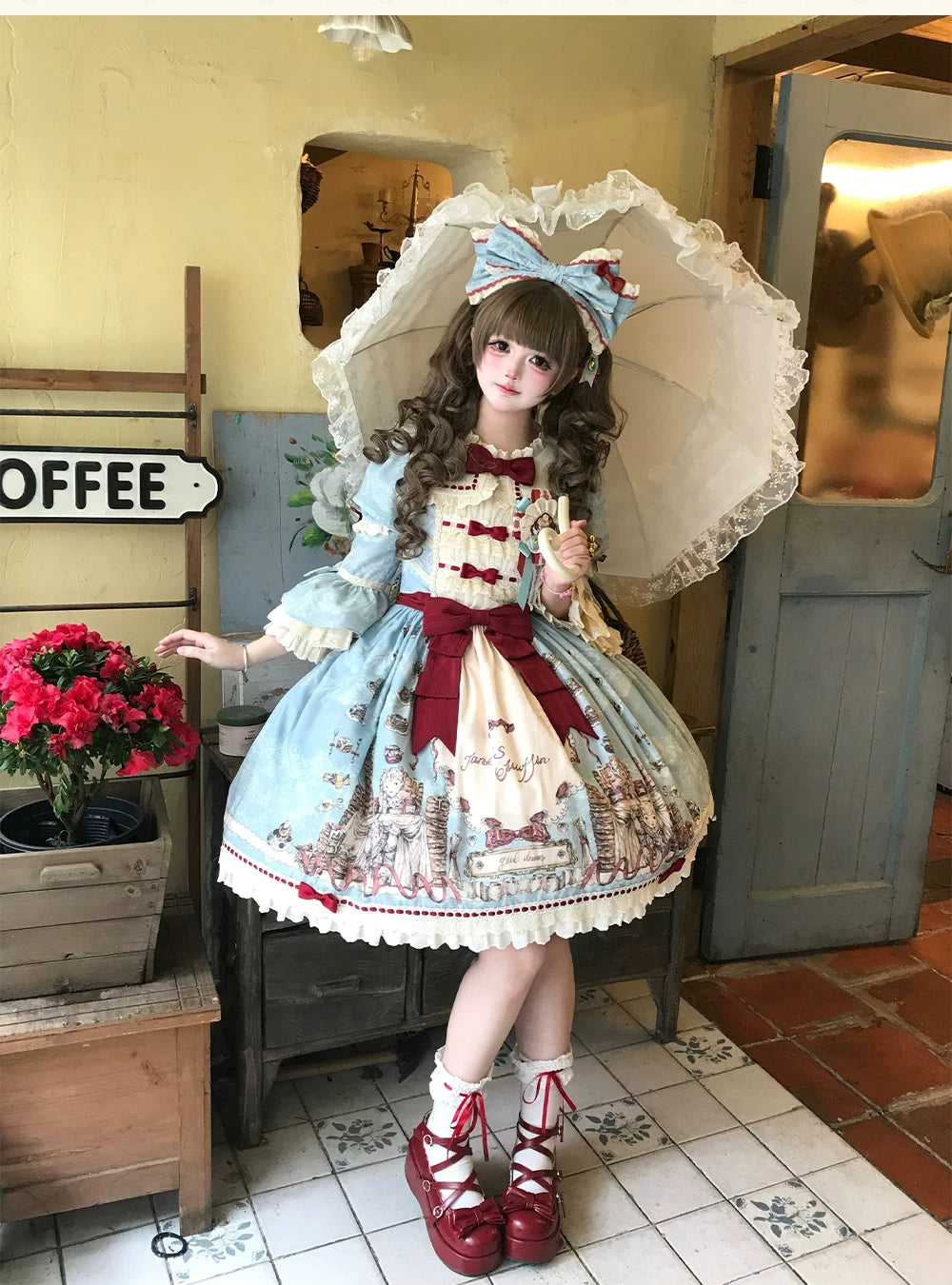 Pancake Postman - Kawaii Lolita Printed OP & Salopette Dress, Lace & Bows