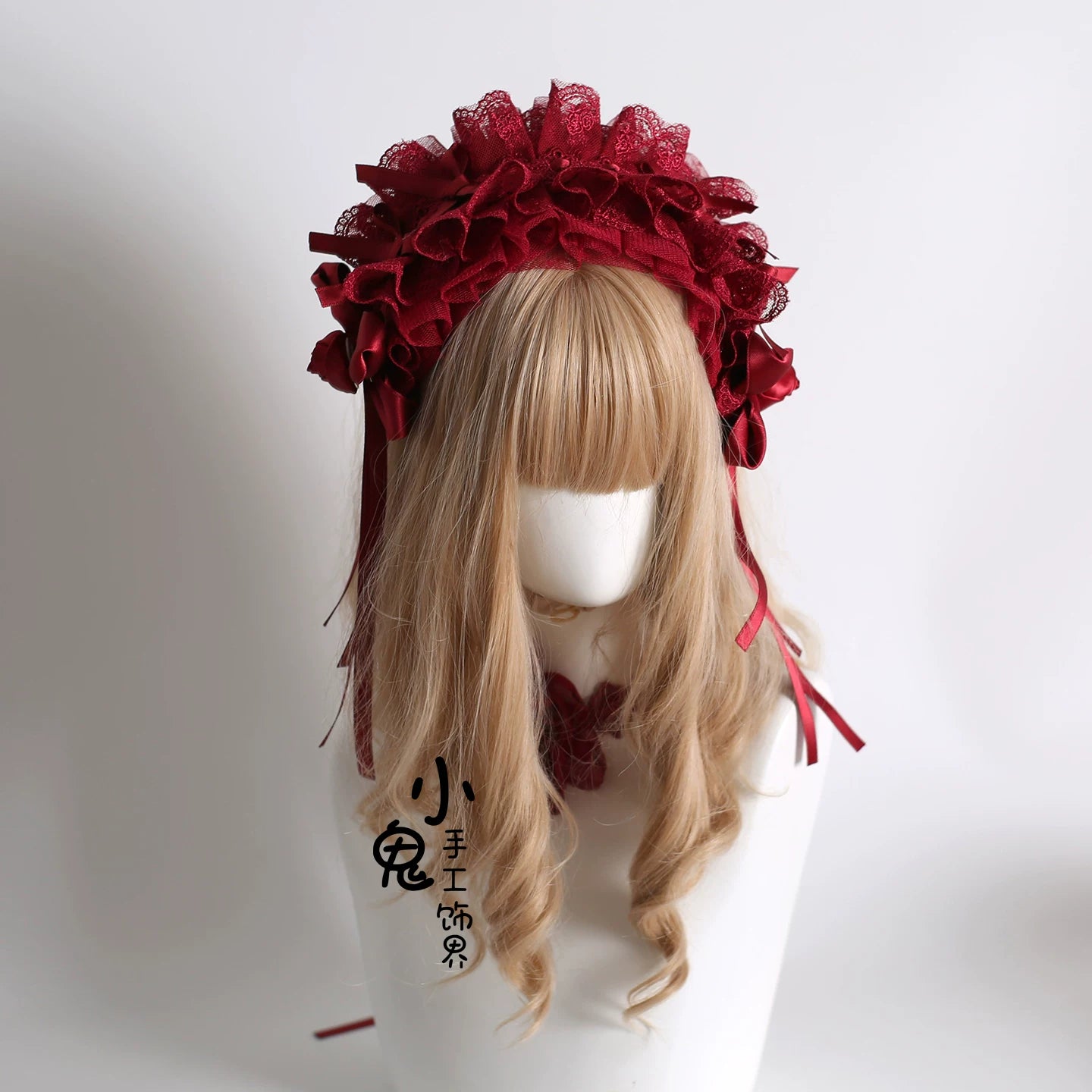 Dark Red Gorgeous Headdress, Floral Veils 7. KC (with fixed clip)