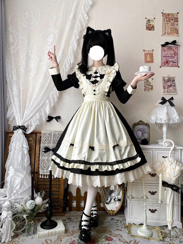 Qianmu~Classic Maid~Gothic Maid Lolita OP Suit with Apron and Jabot