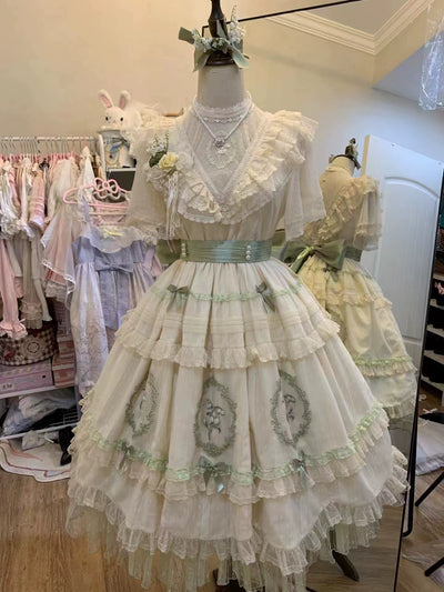 Nectarine White Tea~Elegant Lolita Beige Flower Print Dress XS OP with a belt 